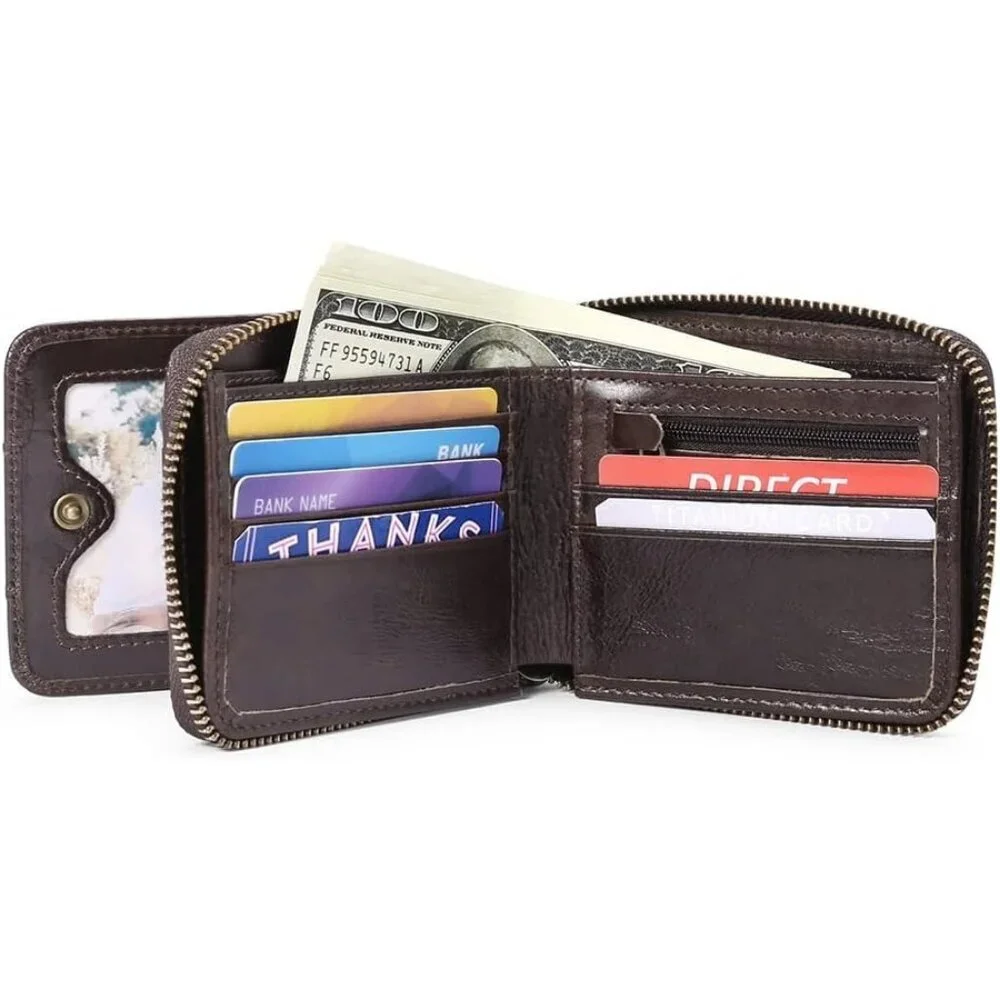 Men's A-Brown Wallets Genuine Leather Front Around Zip Pocket Credit Card